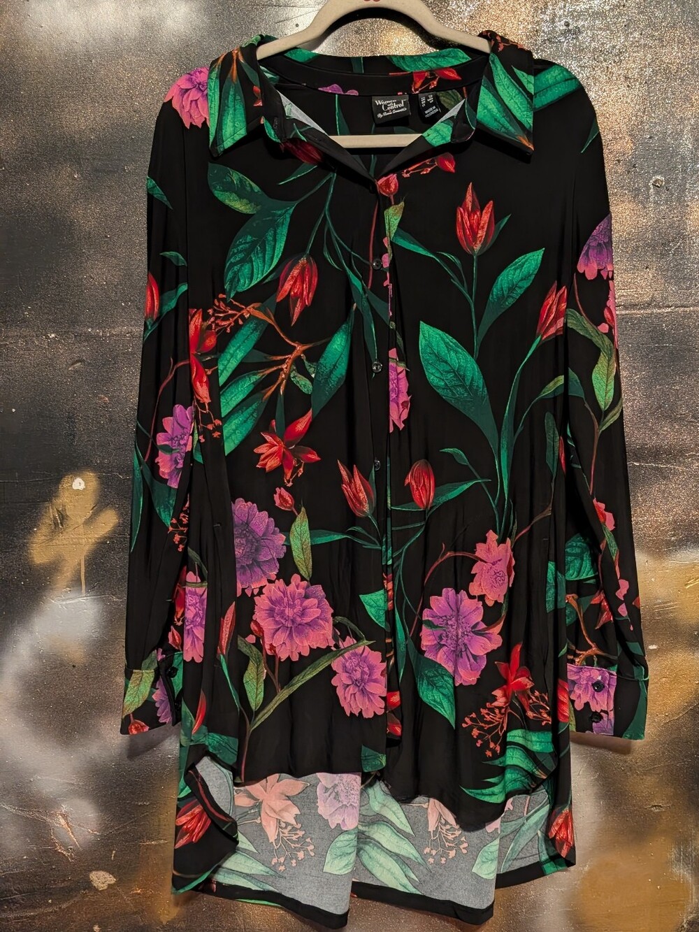 Valerie Stevens Black Floral Button-Front Tunic Shirt